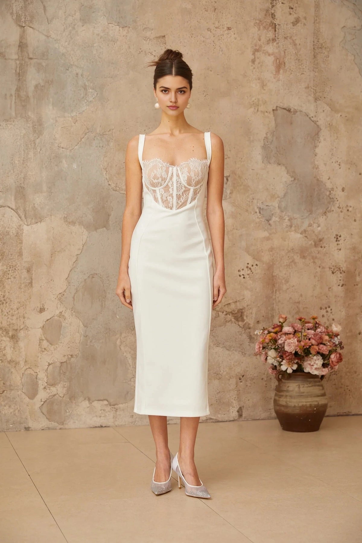 Ivory Lace - Detail Midi Dress with Spaghetti Straps Poema white lace-panel corset midi dress Evening Dress by YiHuiw