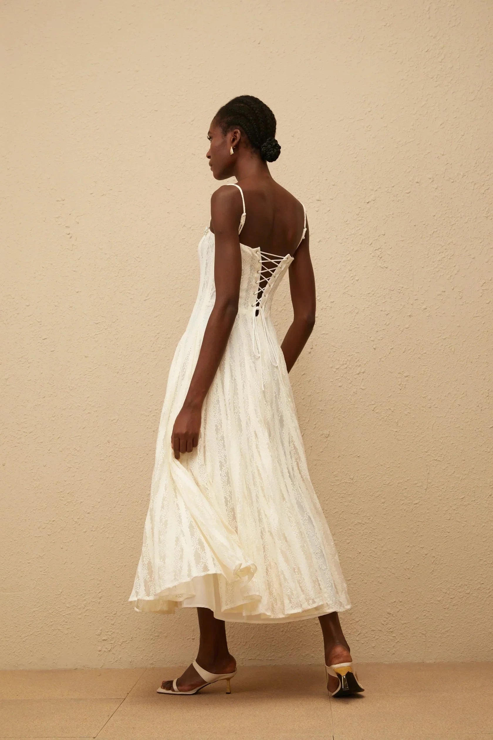 Ivory Lace Spaghetti Strap Dress White Pleated Lace Midi Dress Evening Dress by YiHuiw