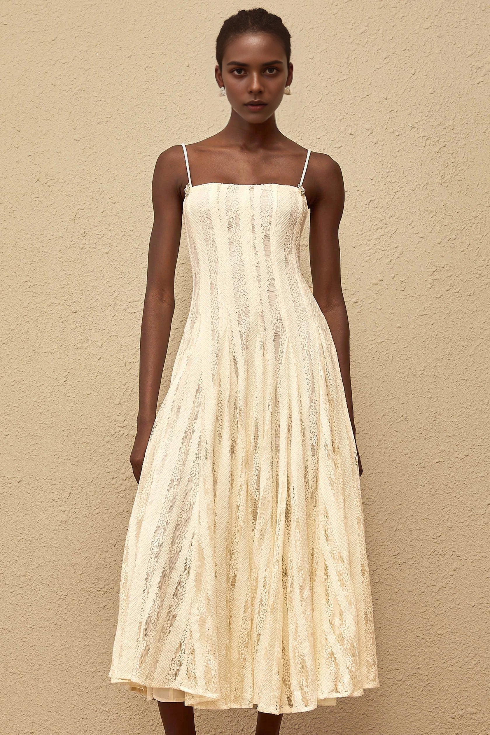 Ivory Lace Spaghetti Strap Dress White Pleated Lace Midi Dress Evening Dress by YiHuiw