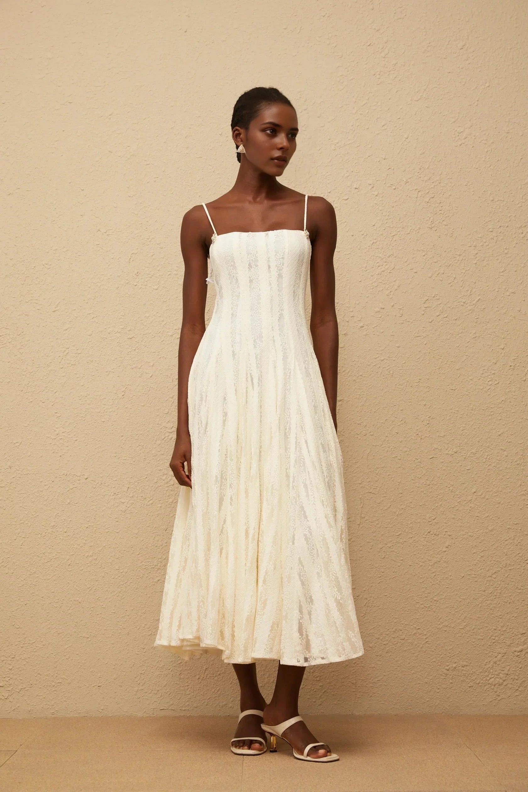 Ivory Lace Spaghetti Strap Dress White Pleated Lace Midi Dress Evening Dress by YiHuiw