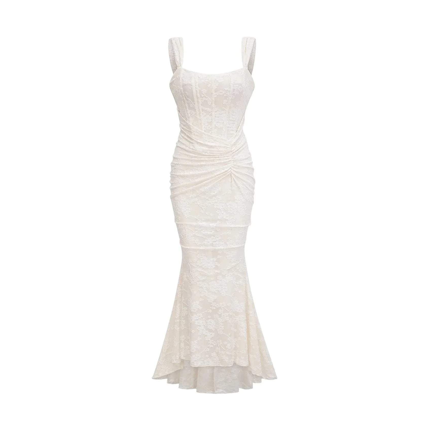 Ivory Lace Square Neck Midi Dress with Ruched Detail Charlotte floral jacquard maxi dress Evening Dress by YiHuiw