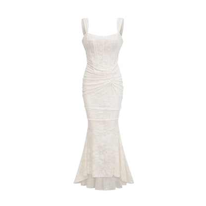 Ivory Lace Square Neck Midi Dress with Ruched Detail Charlotte floral jacquard maxi dress Evening Dress by YiHuiw