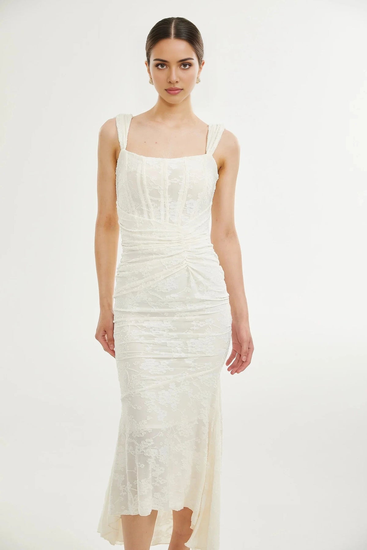 Ivory Lace Square Neck Midi Dress with Ruched Detail Charlotte floral jacquard maxi dress Evening Dress by YiHuiw