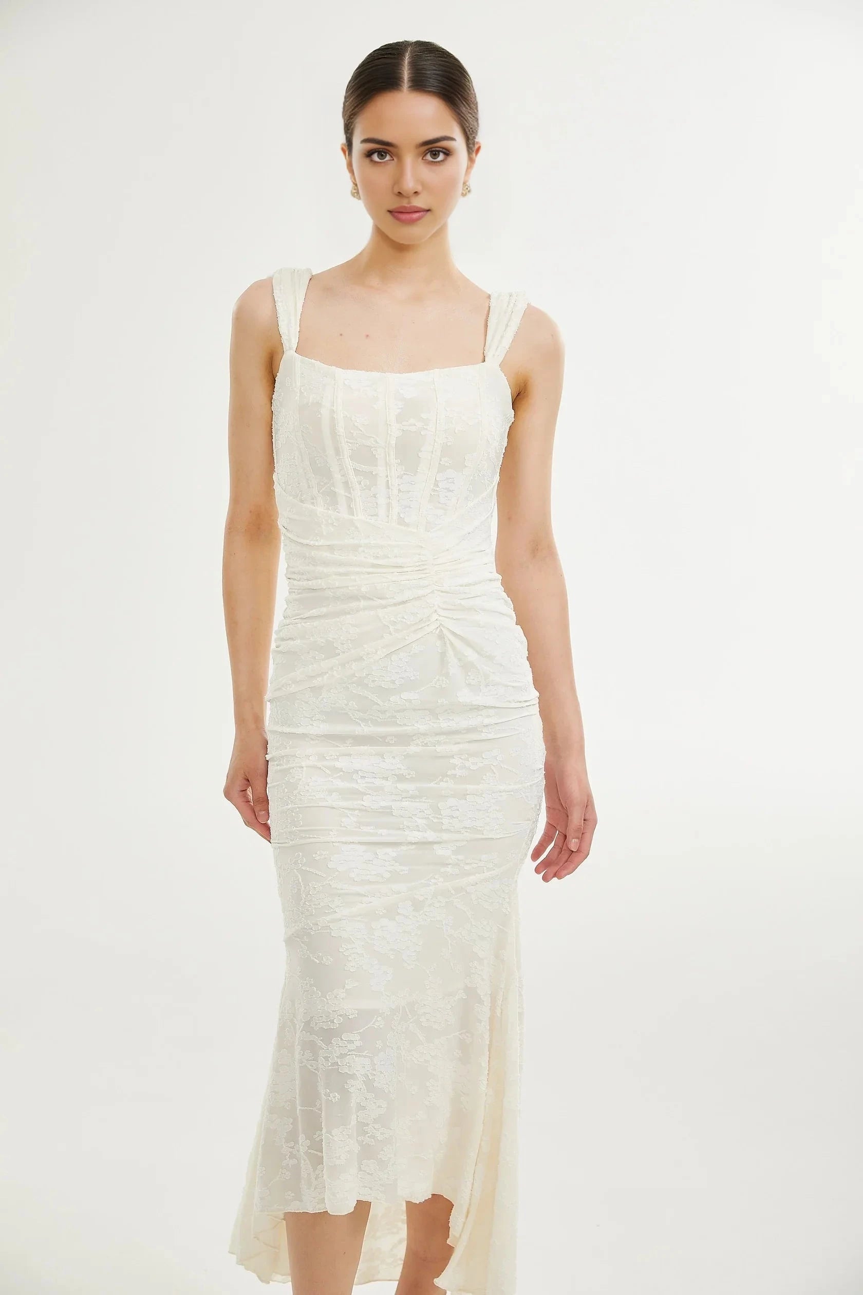 Ivory Lace Square Neck Midi Dress with Ruched Detail Charlotte floral jacquard maxi dress Evening Dress by YiHuiw