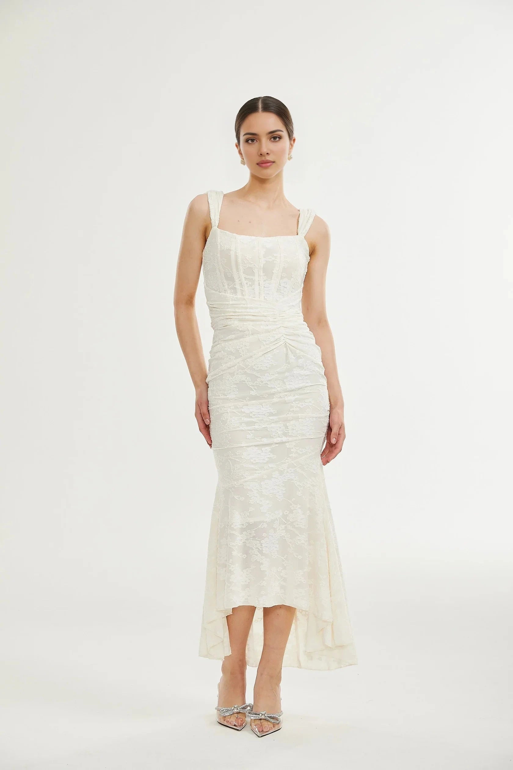 Ivory Lace Square Neck Midi Dress with Ruched Detail Charlotte floral jacquard maxi dress Evening Dress by YiHuiw