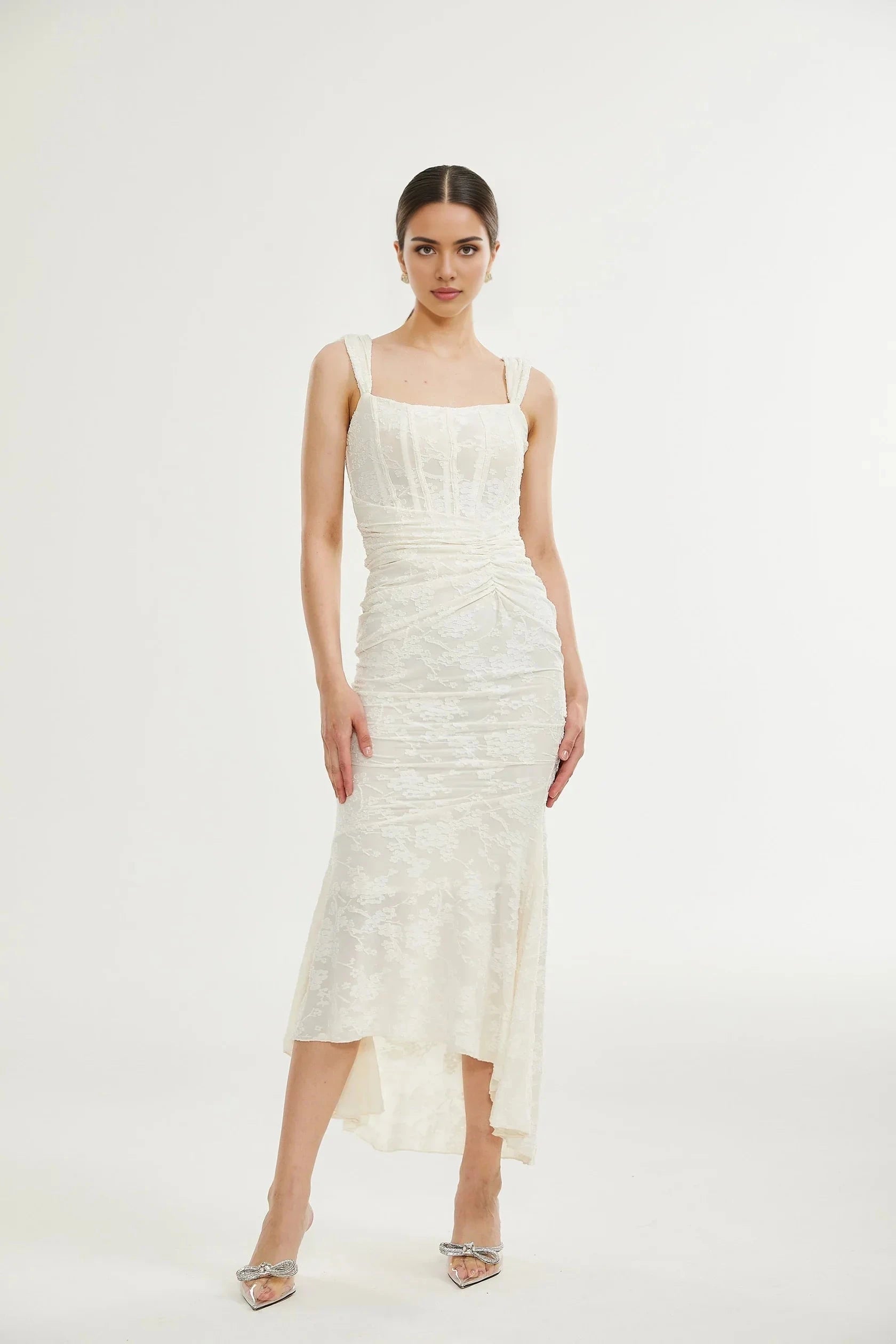 Ivory Lace Square Neck Midi Dress with Ruched Detail Charlotte floral jacquard maxi dress Evening Dress by YiHuiw