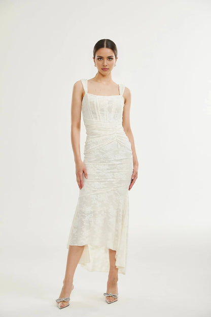 Ivory Lace Square Neck Midi Dress with Ruched Detail Charlotte floral jacquard maxi dress Evening Dress by YiHuiw