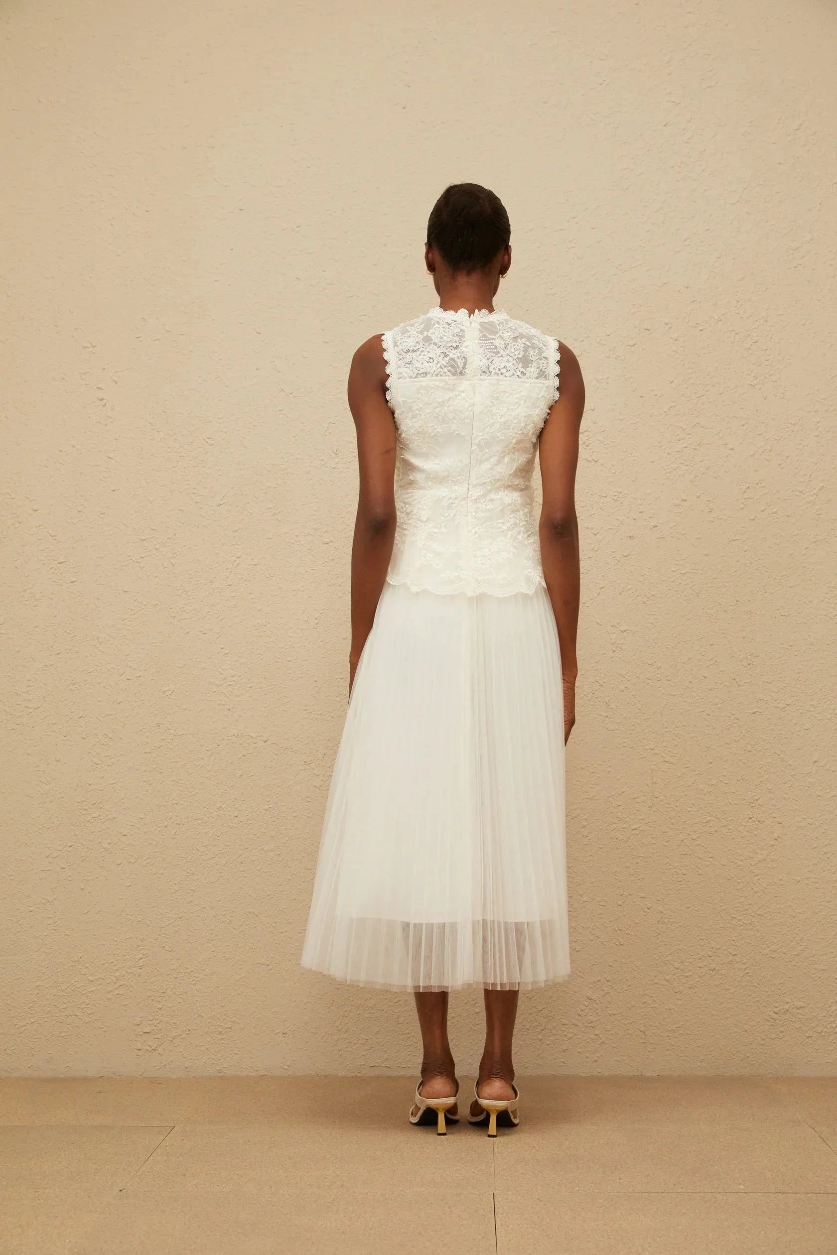 Ivory Lace Top Tulle Midi Dress Floral Lace Tulle Panel Midi Dress Evening Dress by YiHuiw
