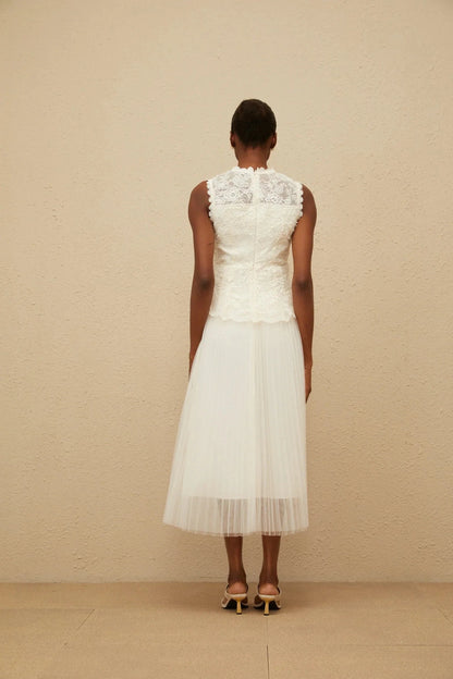 Ivory Lace Top Tulle Midi Dress Floral Lace Tulle Panel Midi Dress Evening Dress by YiHuiw