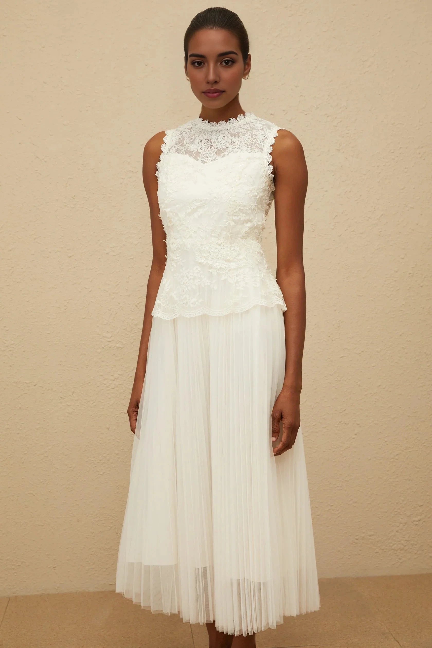 Ivory Lace Top Tulle Midi Dress Floral Lace Tulle Panel Midi Dress Evening Dress by YiHuiw