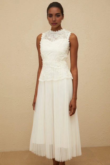 Ivory Lace Top Tulle Midi Dress Floral Lace Tulle Panel Midi Dress Evening Dress by YiHuiw