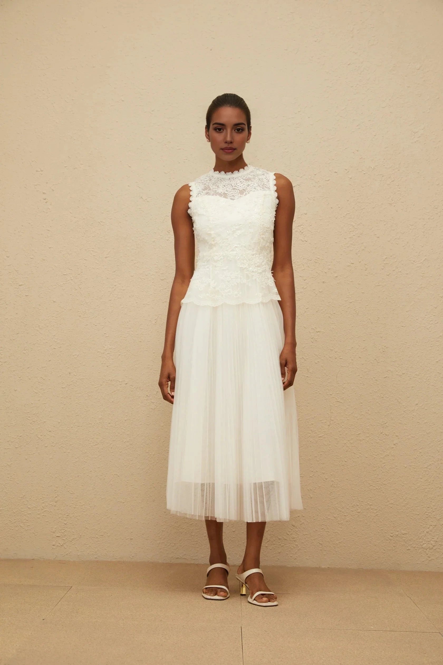 Ivory Lace Top Tulle Midi Dress Floral Lace Tulle Panel Midi Dress Evening Dress by YiHuiw