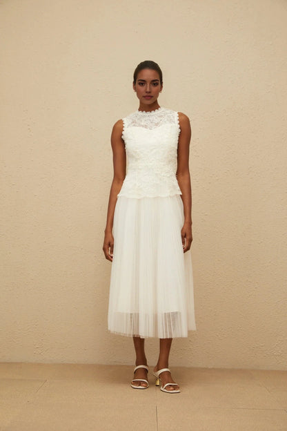 Ivory Lace Top Tulle Midi Dress Floral Lace Tulle Panel Midi Dress Evening Dress by YiHuiw