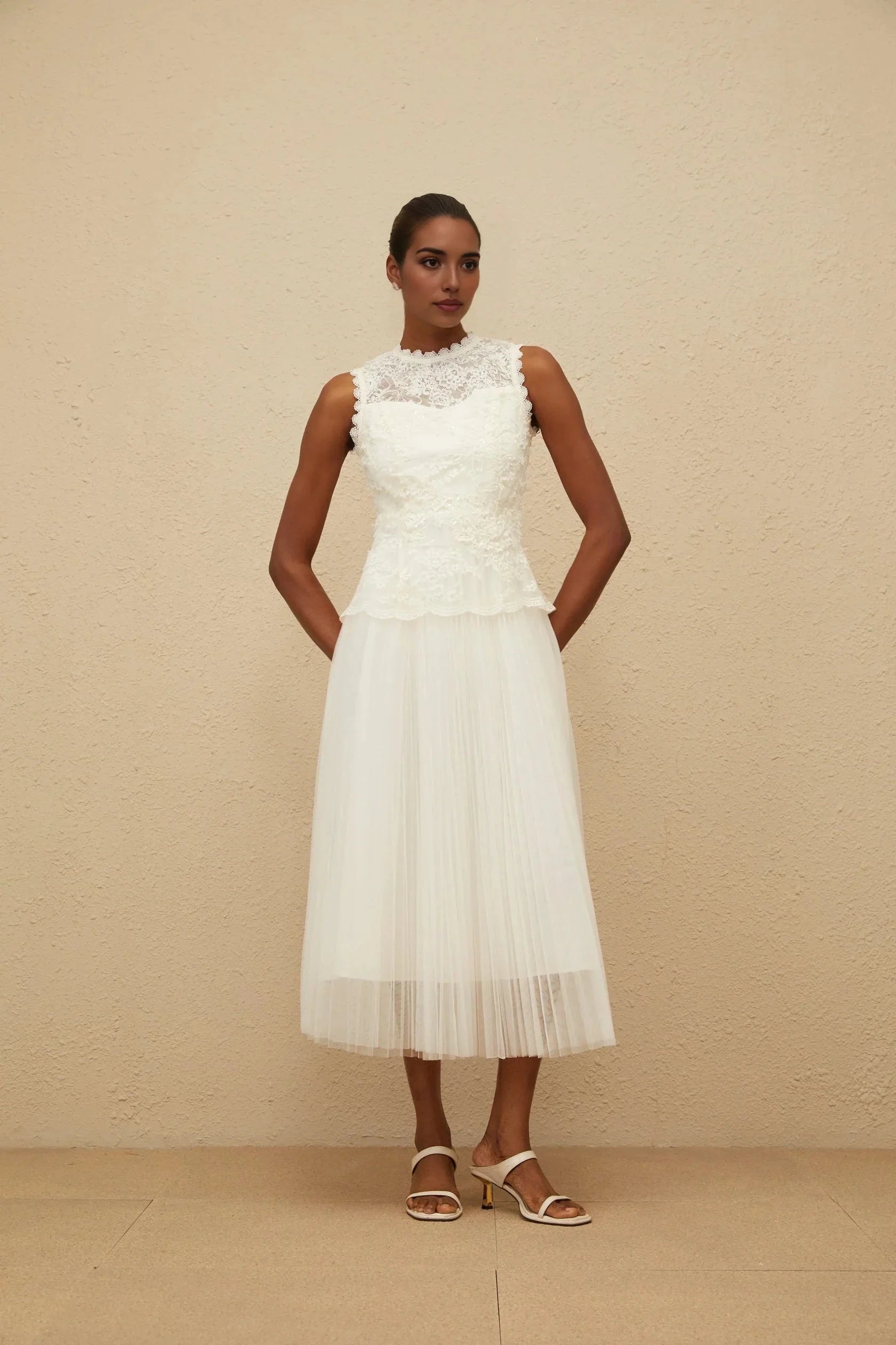 Ivory Lace Top Tulle Midi Dress Floral Lace Tulle Panel Midi Dress Evening Dress by YiHuiw