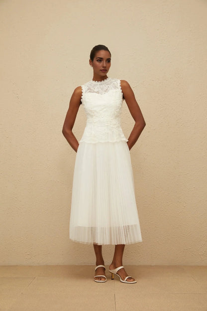Ivory Lace Top Tulle Midi Dress Floral Lace Tulle Panel Midi Dress Evening Dress by YiHuiw