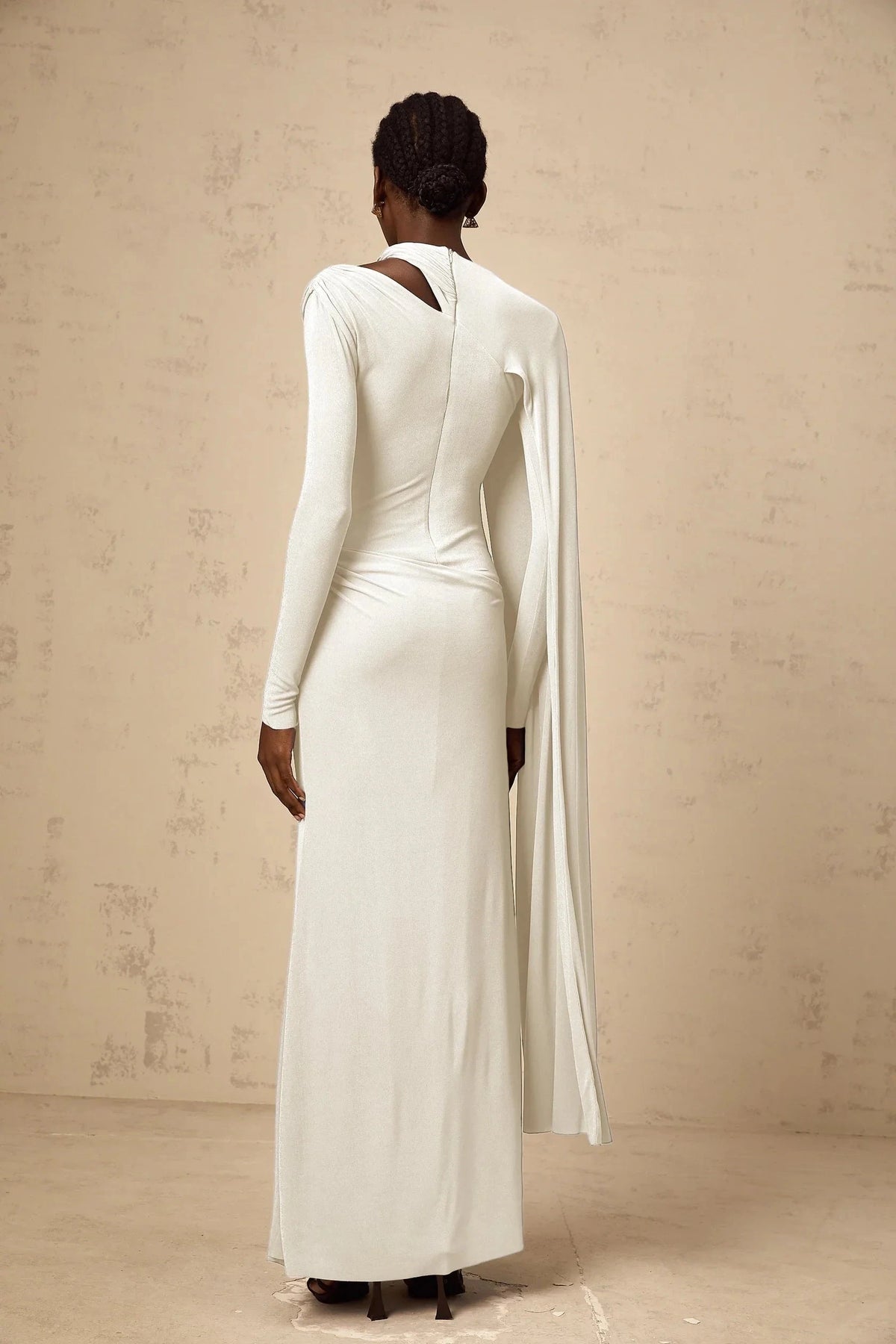 Ivory Long Sleeve Maxi Dress with Asymmetrical Cape Josette White Diagonal Shawl Fitted Maxi Dress Evening Dress by YiHuiw