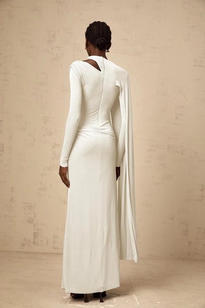 Ivory Long Sleeve Maxi Dress with Asymmetrical Cape Josette White Diagonal Shawl Fitted Maxi Dress Evening Dress by YiHuiw