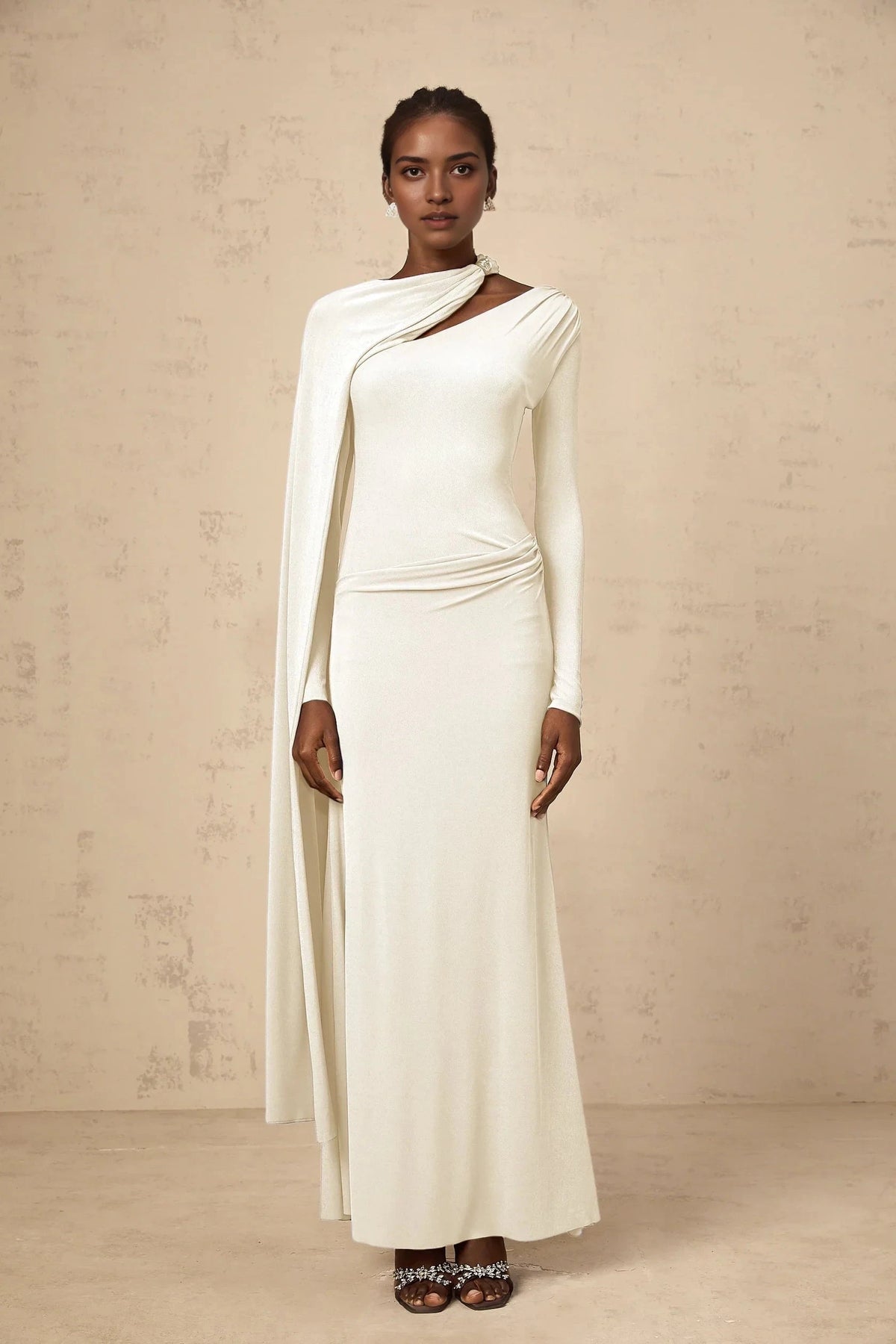 Ivory Long Sleeve Maxi Dress with Asymmetrical Cape Josette White Diagonal Shawl Fitted Maxi Dress Evening Dress by YiHuiw