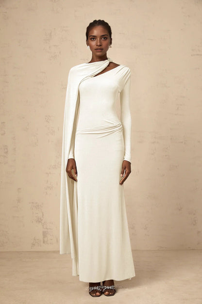 Ivory Long Sleeve Maxi Dress with Asymmetrical Cape Josette White Diagonal Shawl Fitted Maxi Dress Evening Dress by YiHuiw