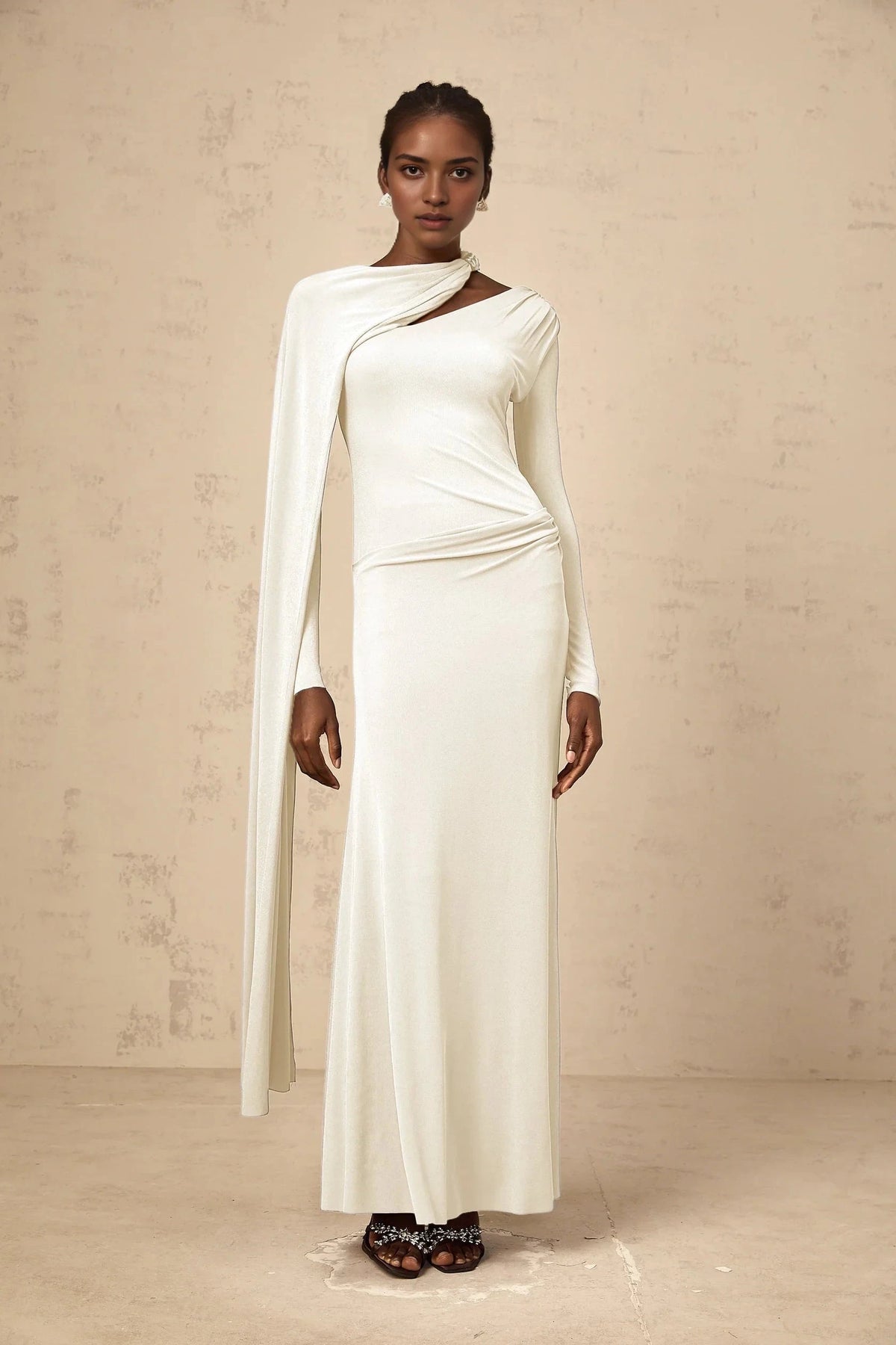 Ivory Long Sleeve Maxi Dress with Asymmetrical Cape Josette White Diagonal Shawl Fitted Maxi Dress Evening Dress by YiHuiw