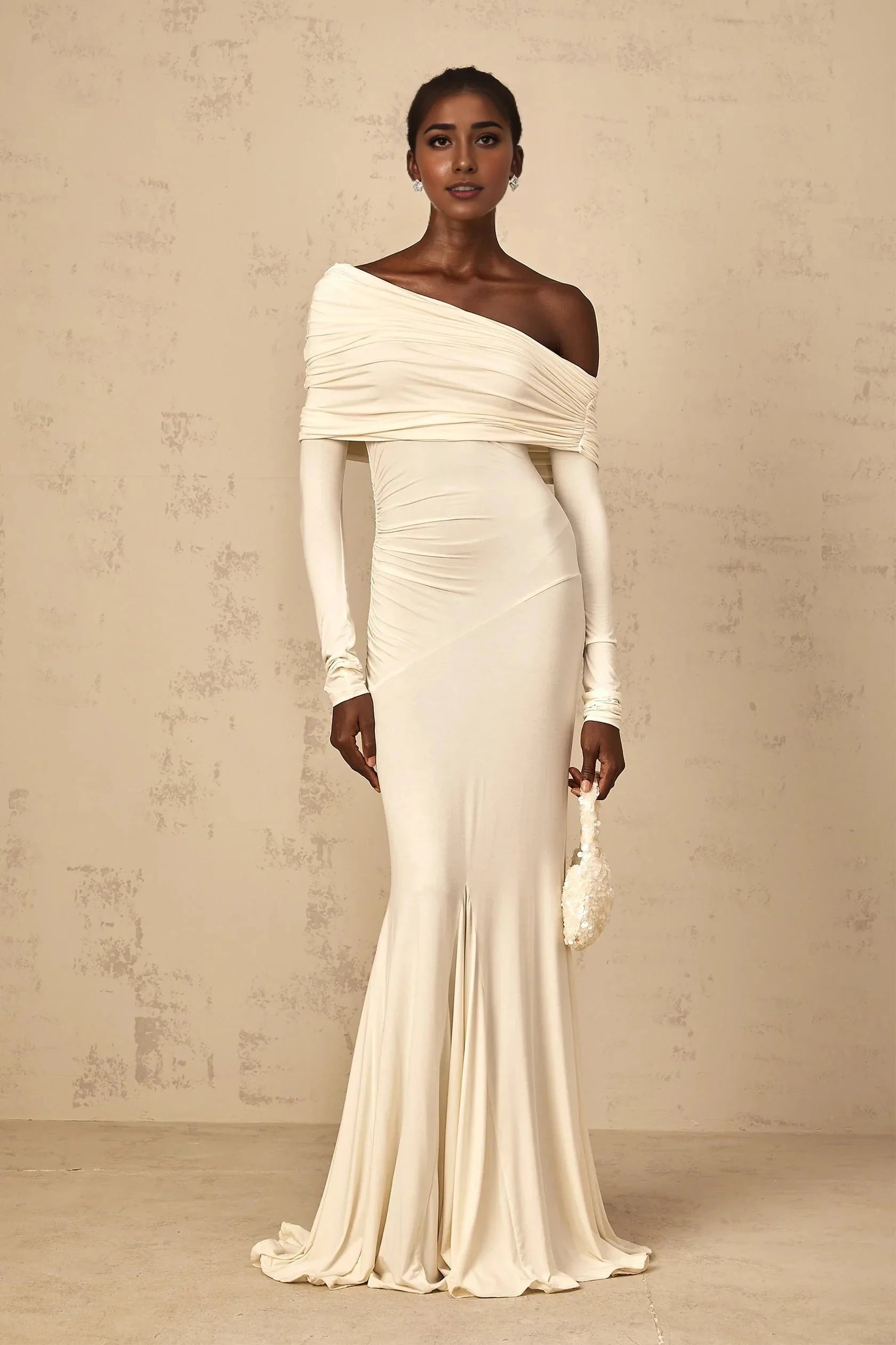 Ivory Off - Shoulder Long Sleeve Mermaid Maxi Dress White Off-Shoulder Ruched Maxi Dress Evening Dress by YiHuiw