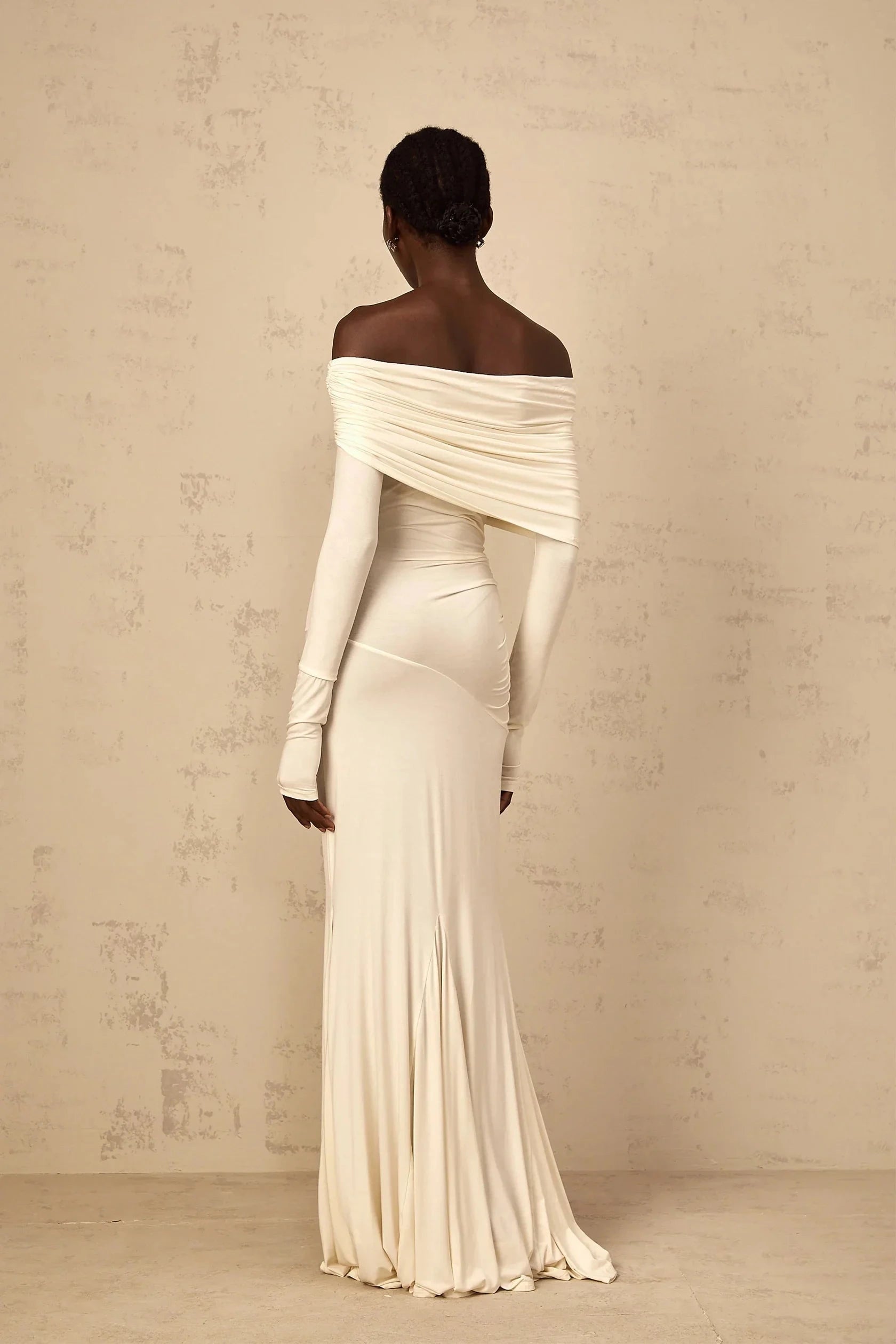 Ivory Off - Shoulder Long Sleeve Mermaid Maxi Dress White Off-Shoulder Ruched Maxi Dress Evening Dress by YiHuiw