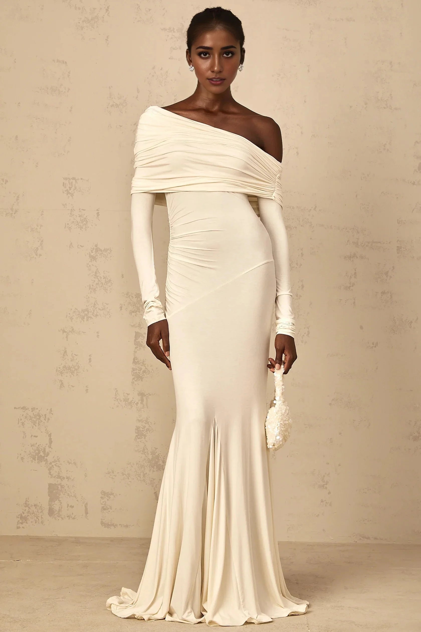 Ivory Off - Shoulder Long Sleeve Mermaid Maxi Dress White Off-Shoulder Ruched Maxi Dress Evening Dress by YiHuiw