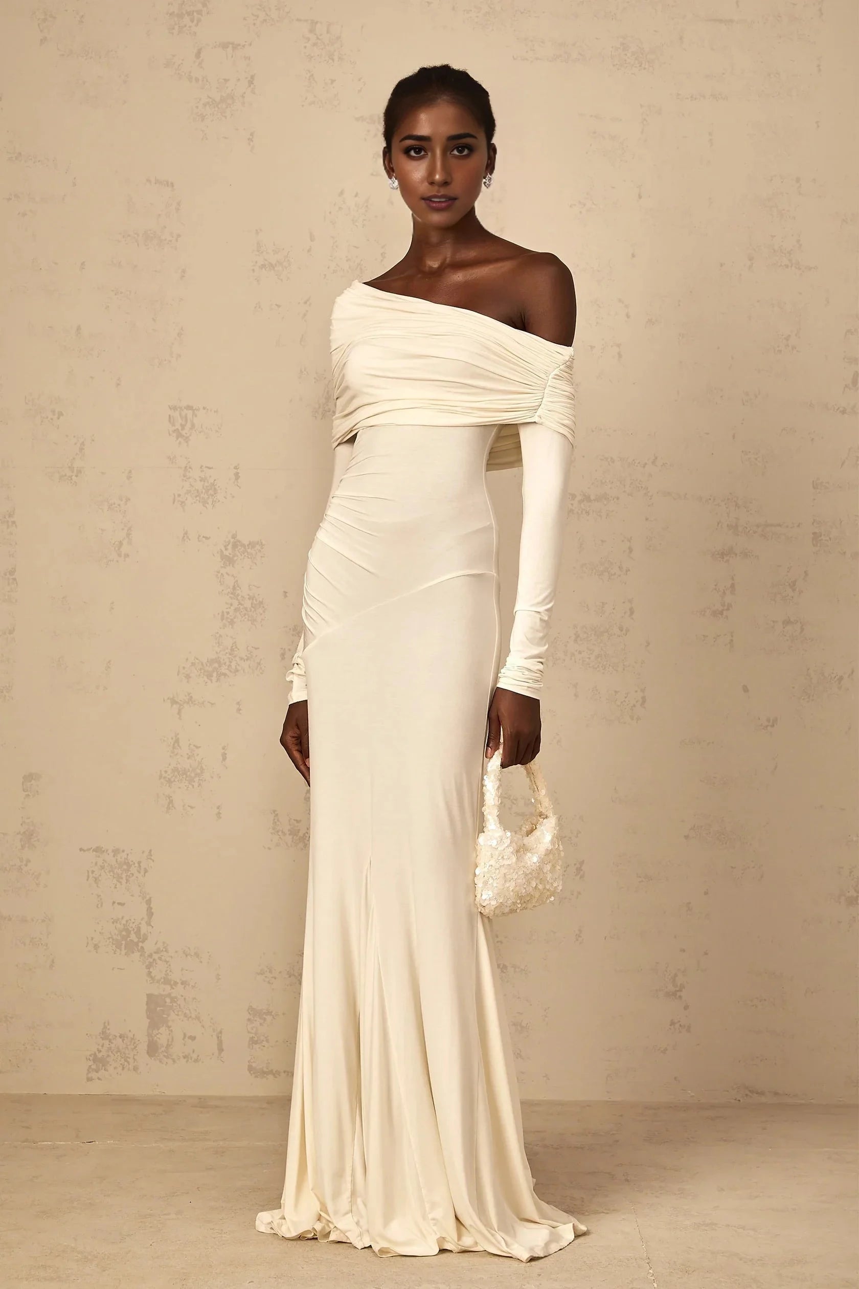 Ivory Off - Shoulder Long Sleeve Mermaid Maxi Dress White Off-Shoulder Ruched Maxi Dress Evening Dress by YiHuiw