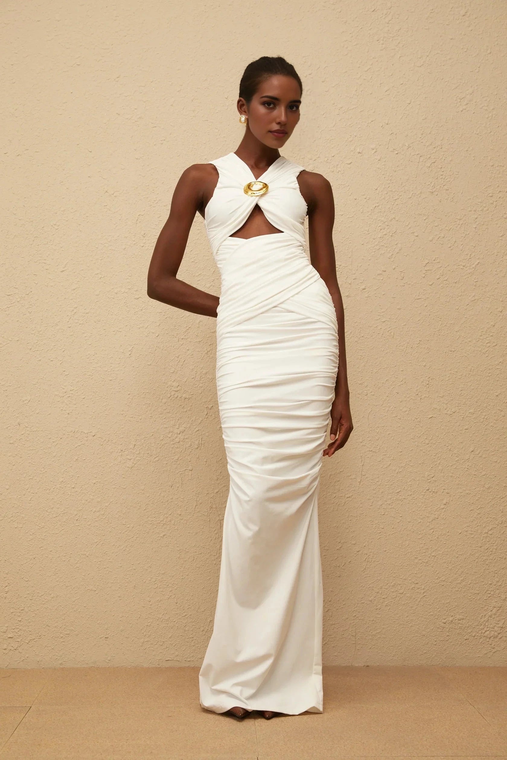 Ivory Ruched Cutout Maxi Dress with Gold Accent White Ruched Corset Maxi Dress Evening Dress by YiHuiw