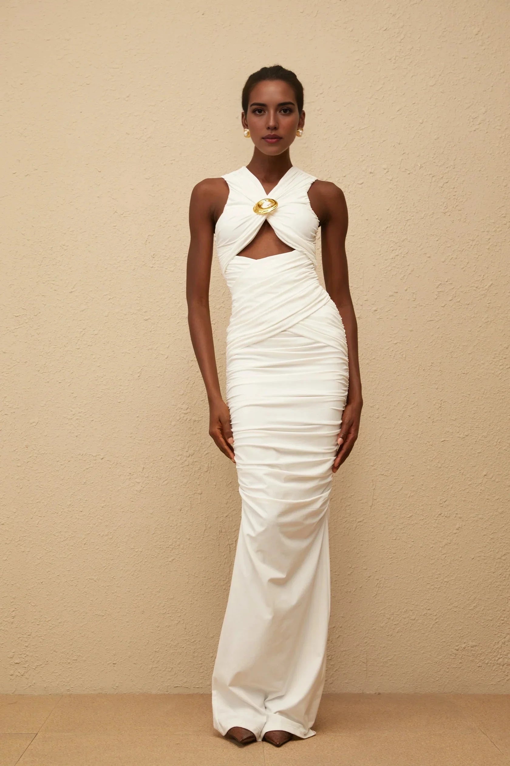Ivory Ruched Cutout Maxi Dress with Gold Accent White Ruched Corset Maxi Dress Evening Dress by YiHuiw