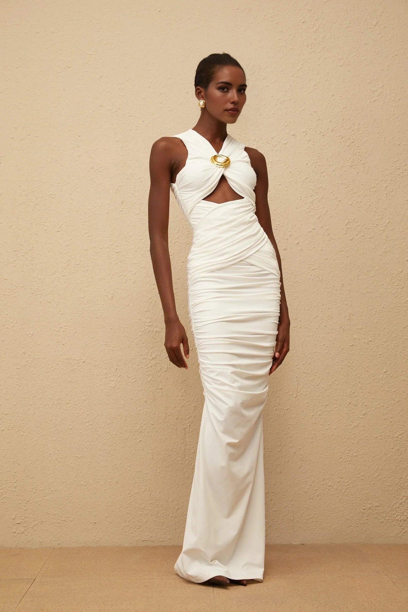Ivory Ruched Cutout Maxi Dress with Gold Accent White Ruched Corset Maxi Dress Evening Dress by YiHuiw
