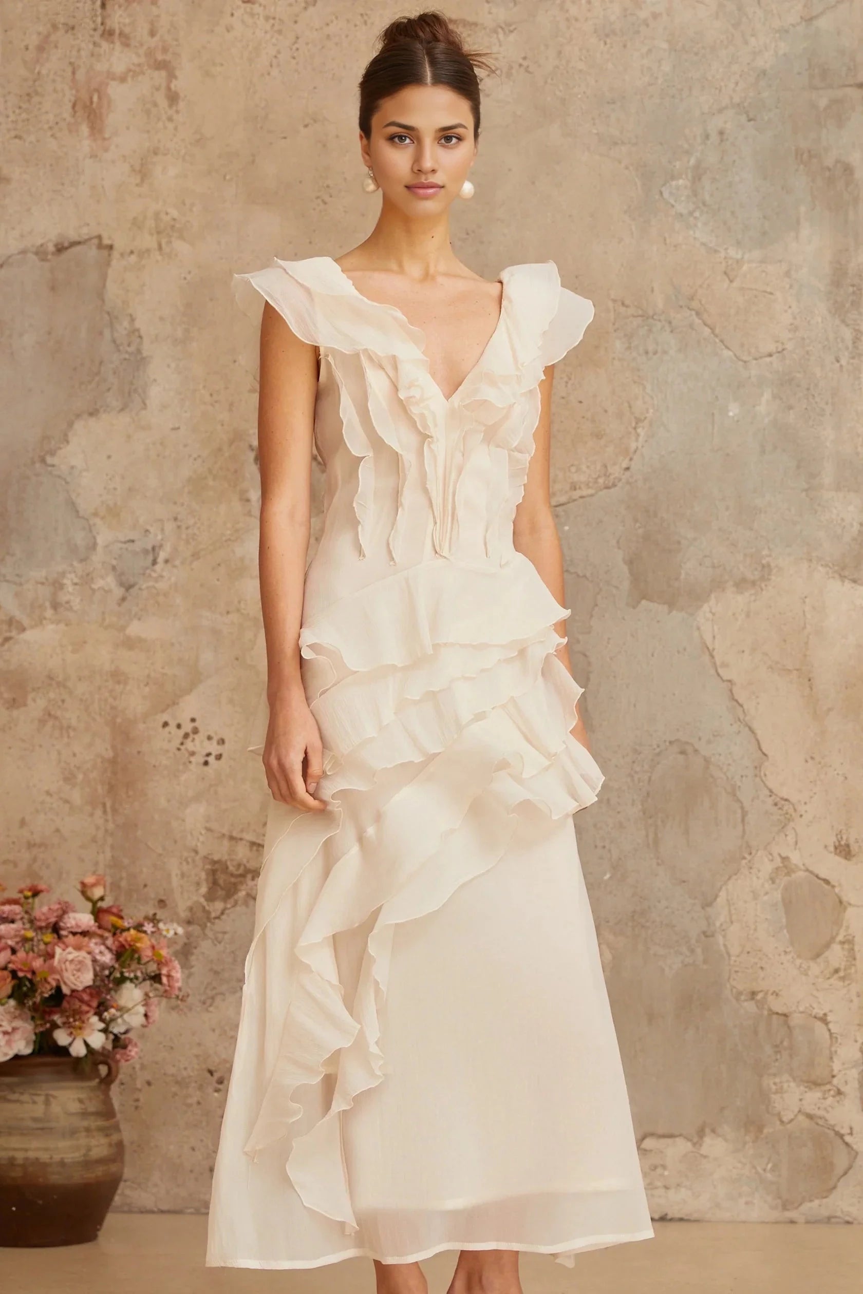 Ivory Ruffled V - Neck Maxi Dress faux-flower layered ruffled maxi dress Evening Dress by YiHuiw