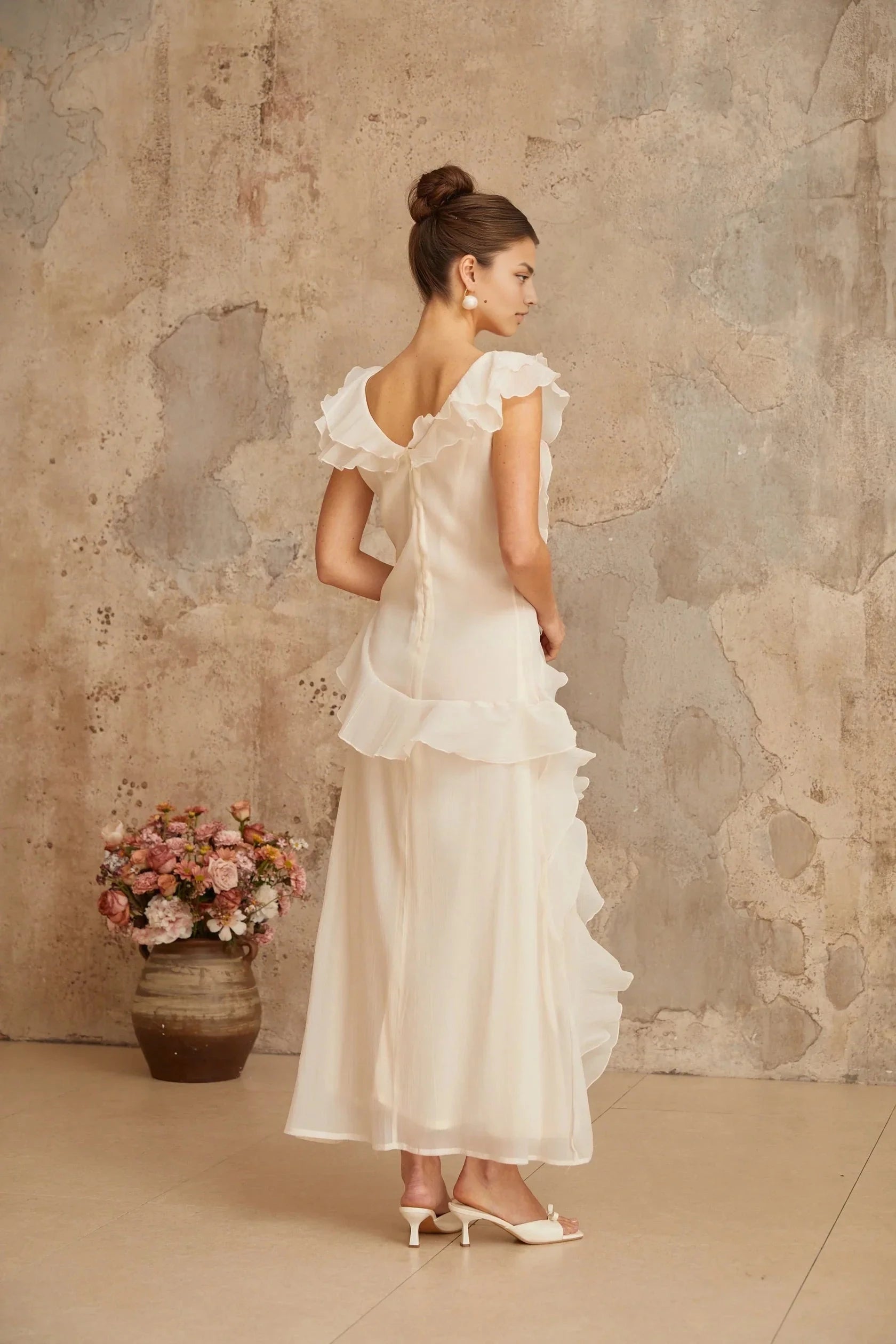Ivory Ruffled V - Neck Maxi Dress faux-flower layered ruffled maxi dress Evening Dress by YiHuiw