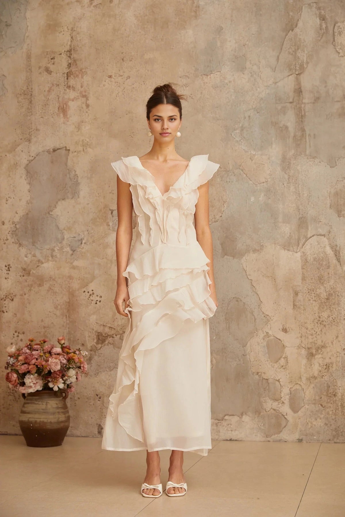 Ivory Ruffled V - Neck Maxi Dress faux-flower layered ruffled maxi dress Evening Dress by YiHuiw