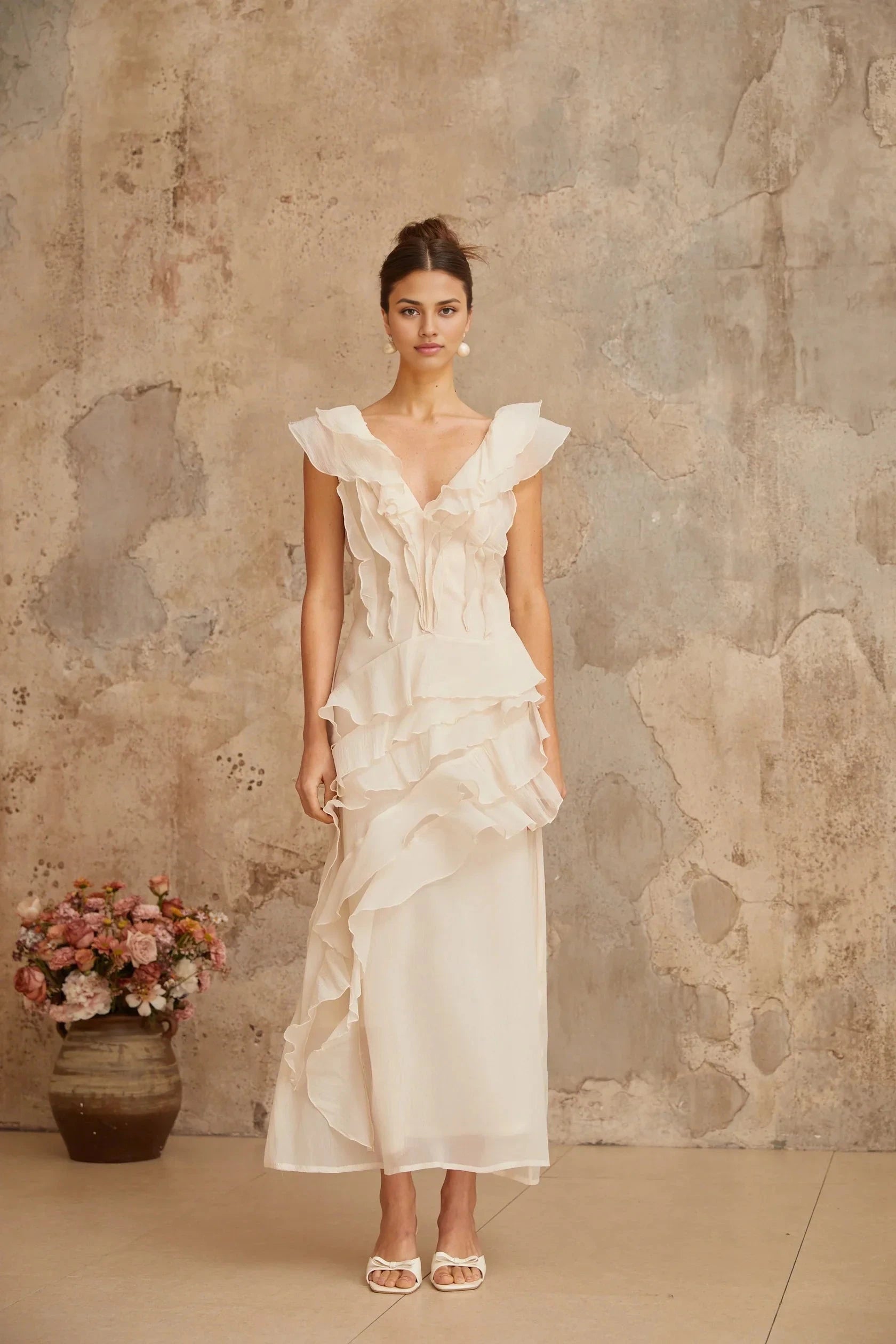 Ivory Ruffled V - Neck Maxi Dress faux-flower layered ruffled maxi dress Evening Dress by YiHuiw
