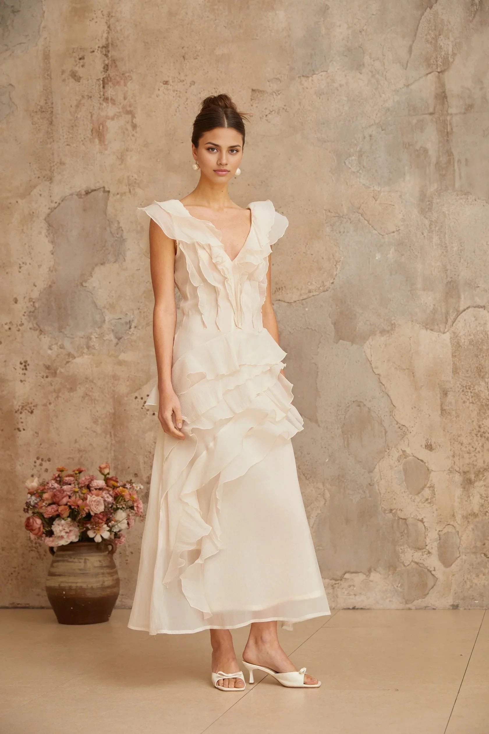 Ivory Ruffled V - Neck Maxi Dress faux-flower layered ruffled maxi dress Evening Dress by YiHuiw
