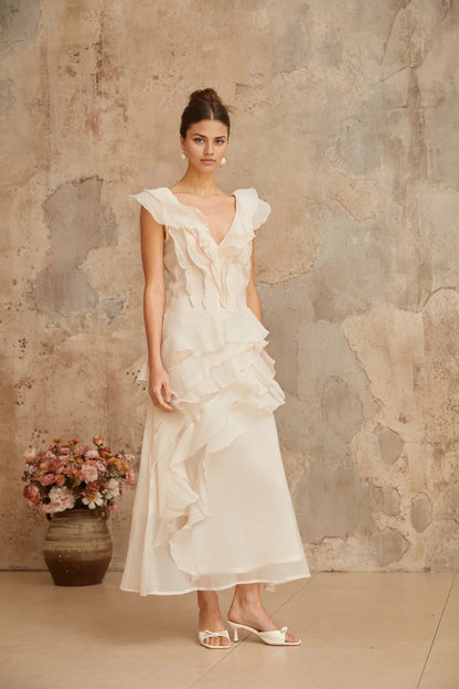 Ivory Ruffled V - Neck Maxi Dress faux-flower layered ruffled maxi dress Evening Dress by YiHuiw