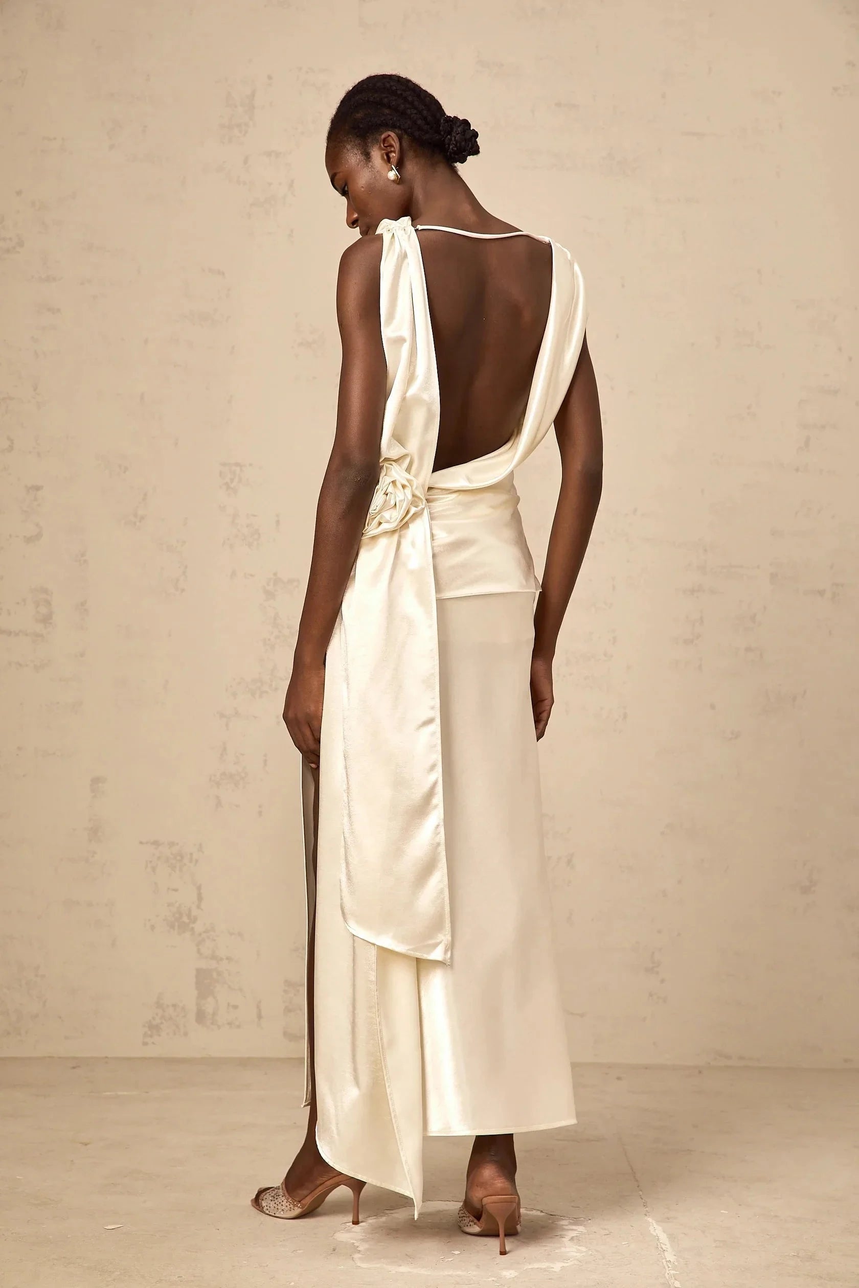 Ivory Satin Open - Back Maxi Dress with Side Slit white flower backless satin midi dress by YiHuiw