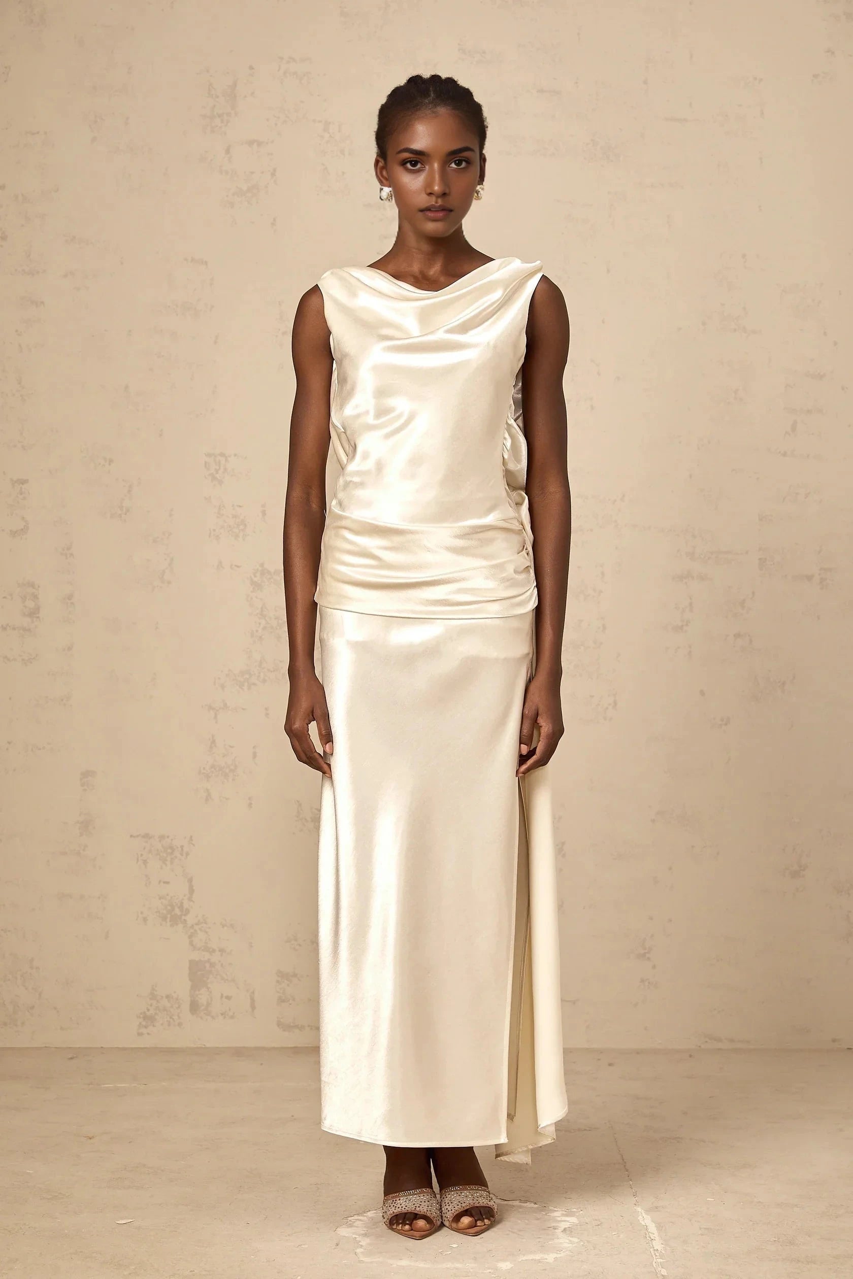 Ivory Satin Open - Back Maxi Dress with Side Slit white flower backless satin midi dress by YiHuiw