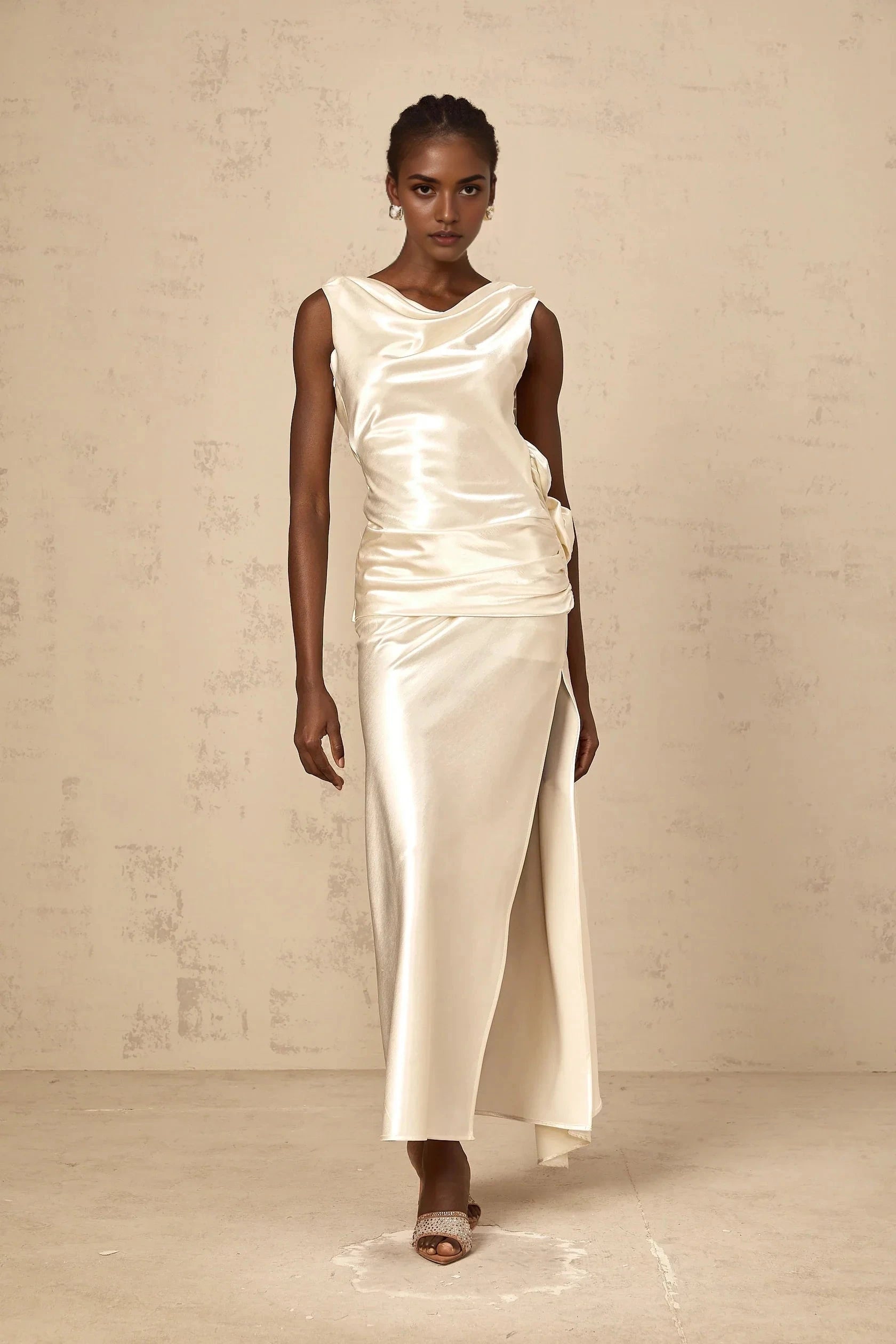 Ivory Satin Open - Back Maxi Dress with Side Slit white flower backless satin midi dress by YiHuiw