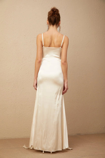 Ivory Satin Spaghetti Strap Maxi Dress with Floral Detail floral-appliqué corset satin maxi dress Evening Dress by YiHuiw