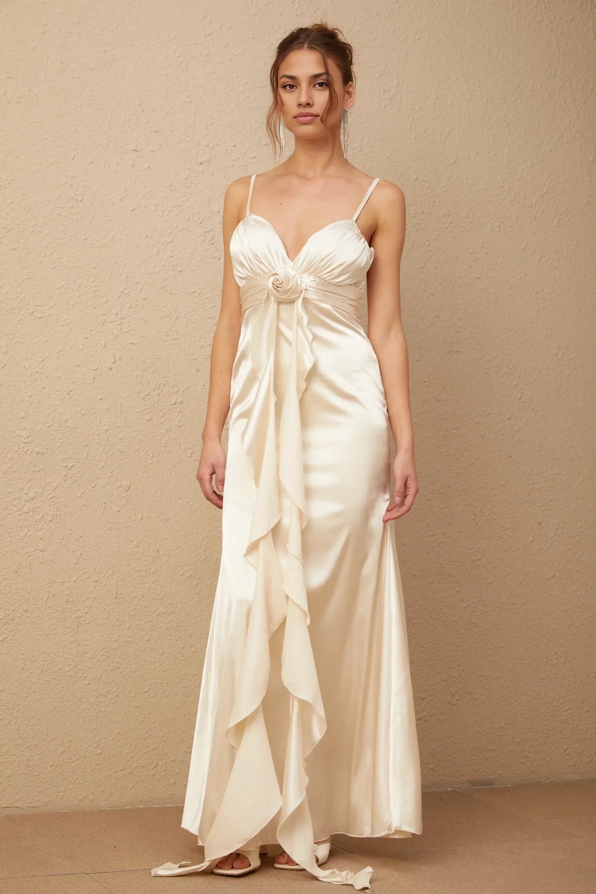 Ivory Satin Spaghetti Strap Maxi Dress with Floral Detail floral-appliqué corset satin maxi dress Evening Dress by YiHuiw