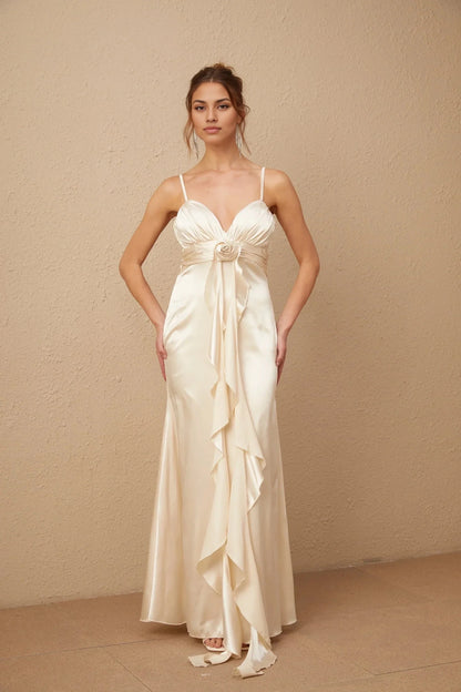 Ivory Satin Spaghetti Strap Maxi Dress with Floral Detail floral-appliqué corset satin maxi dress Evening Dress by YiHuiw