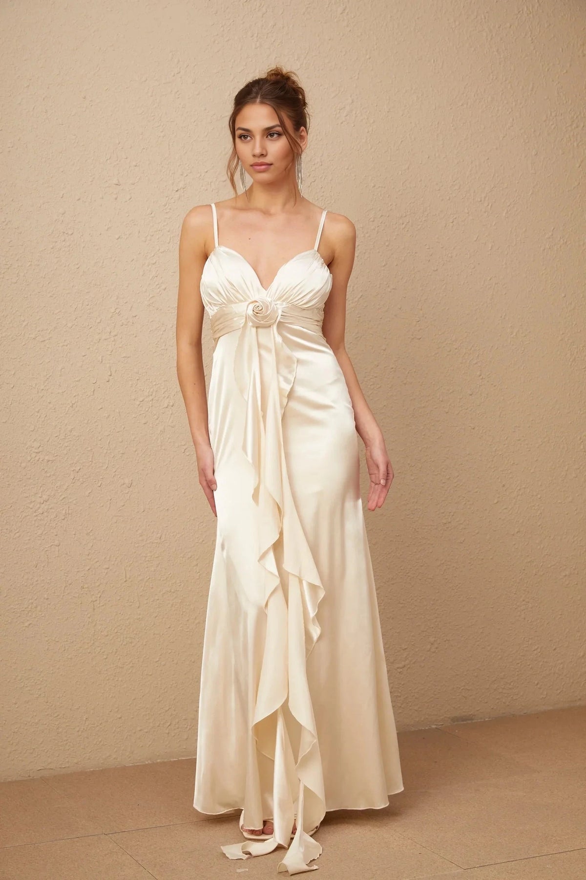 Ivory Satin Spaghetti Strap Maxi Dress with Floral Detail floral-appliqué corset satin maxi dress Evening Dress by YiHuiw