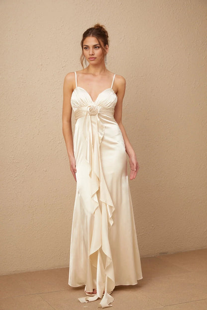 Ivory Satin Spaghetti Strap Maxi Dress with Floral Detail floral-appliqué corset satin maxi dress Evening Dress by YiHuiw