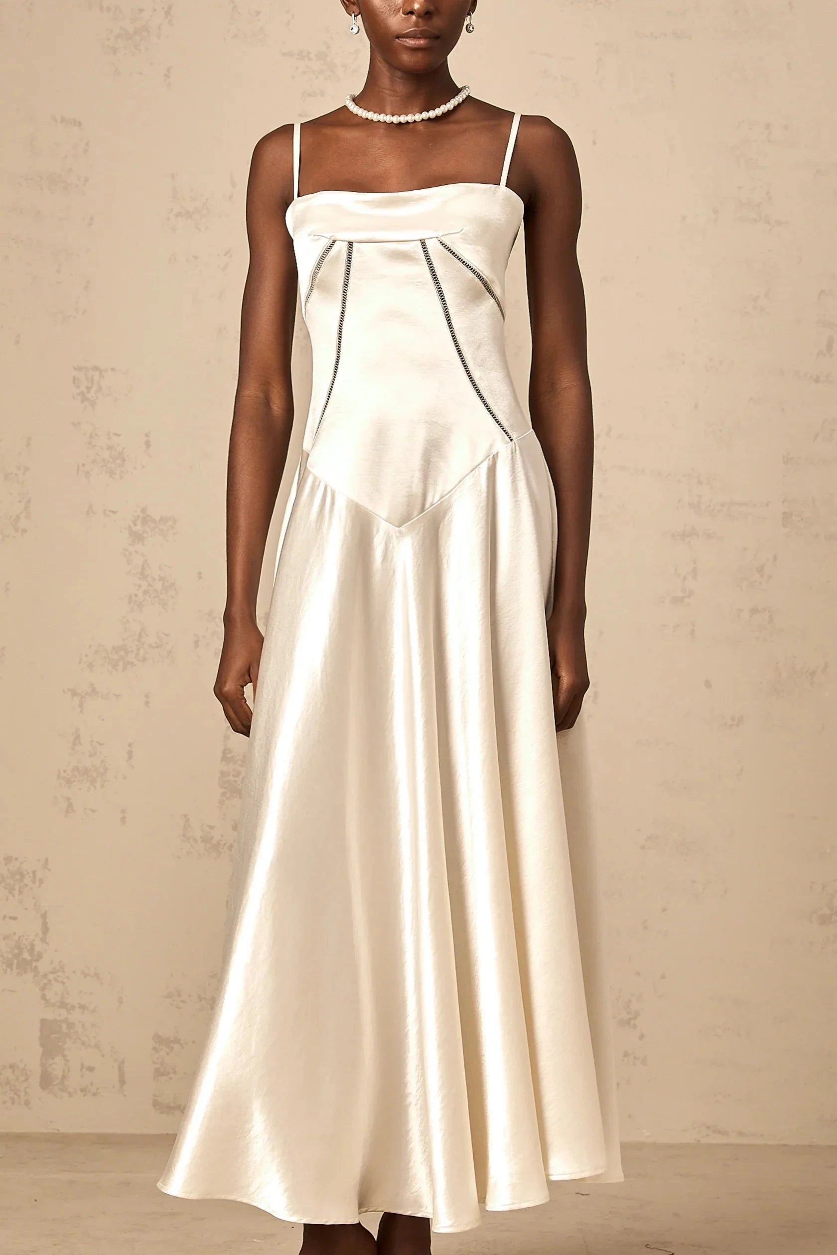 Ivory Satin Strappy Maxi Dress with Lace - Up Back white flared satin maxi dress Evening Dress by YiHuiw