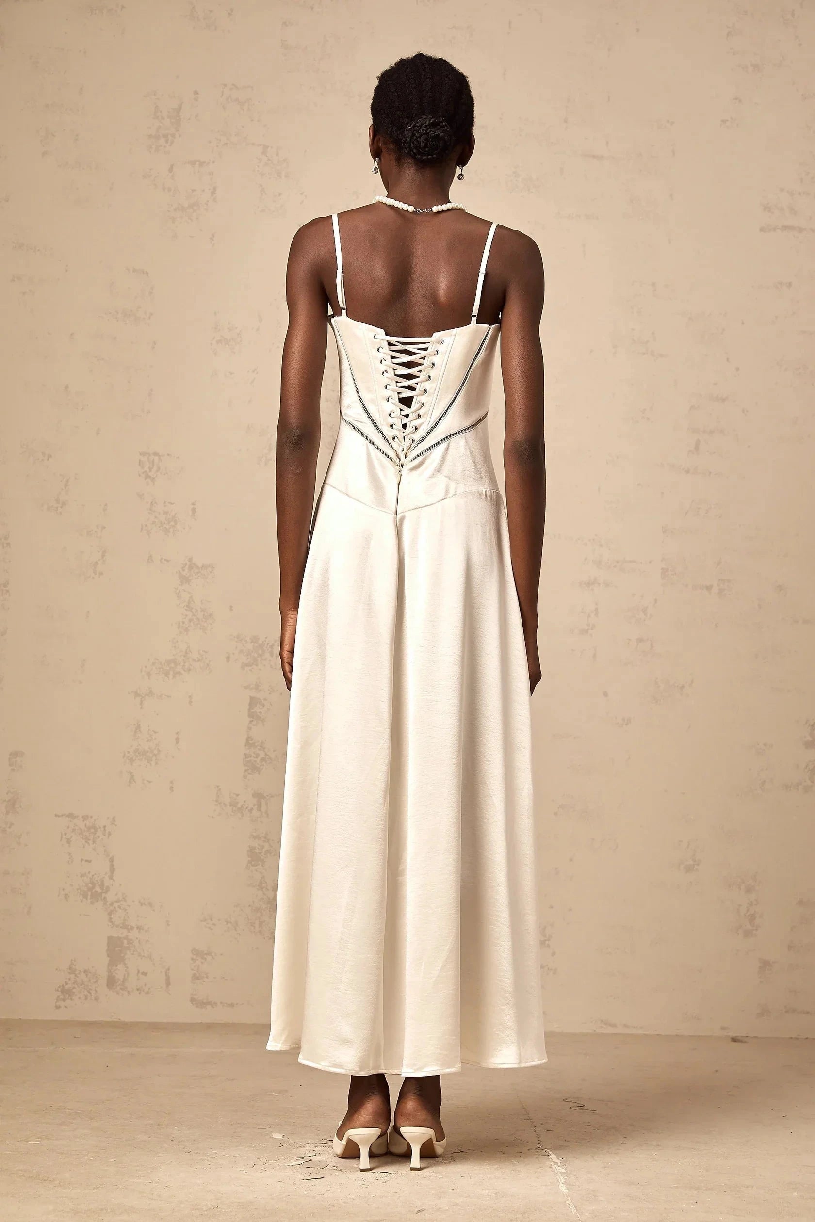 Ivory Satin Strappy Maxi Dress with Lace - Up Back white flared satin maxi dress Evening Dress by YiHuiw