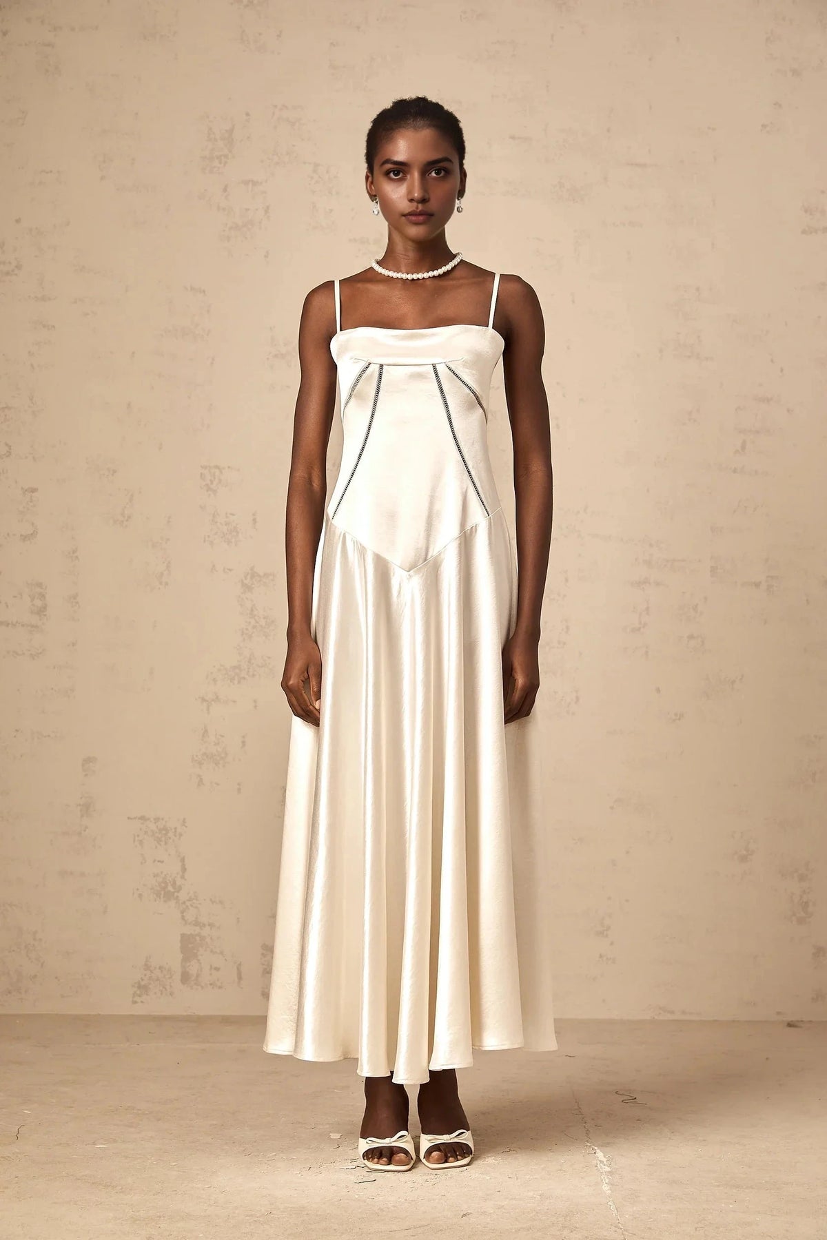 Ivory Satin Strappy Maxi Dress with Lace - Up Back white flared satin maxi dress Evening Dress by YiHuiw