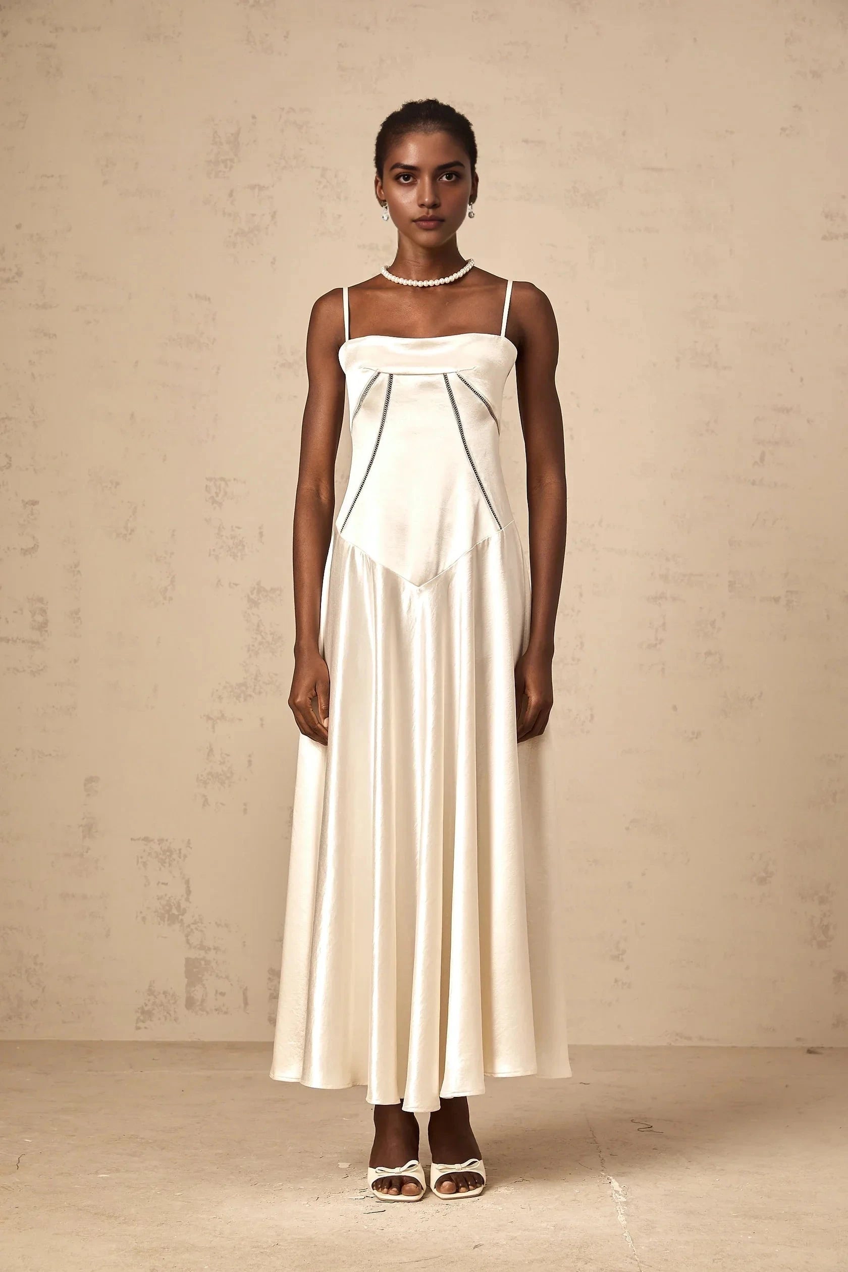 Ivory Satin Strappy Maxi Dress with Lace - Up Back white flared satin maxi dress Evening Dress by YiHuiw