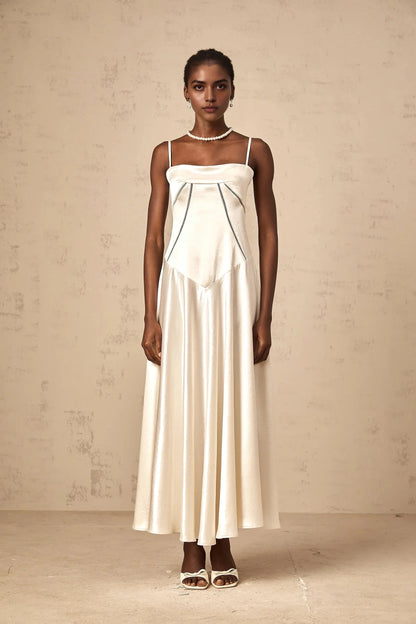 Ivory Satin Strappy Maxi Dress with Lace - Up Back white flared satin maxi dress Evening Dress by YiHuiw